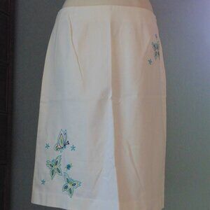 New White cotton Stretch Skirt Chadwicks Women16 Embroidered Butterflies